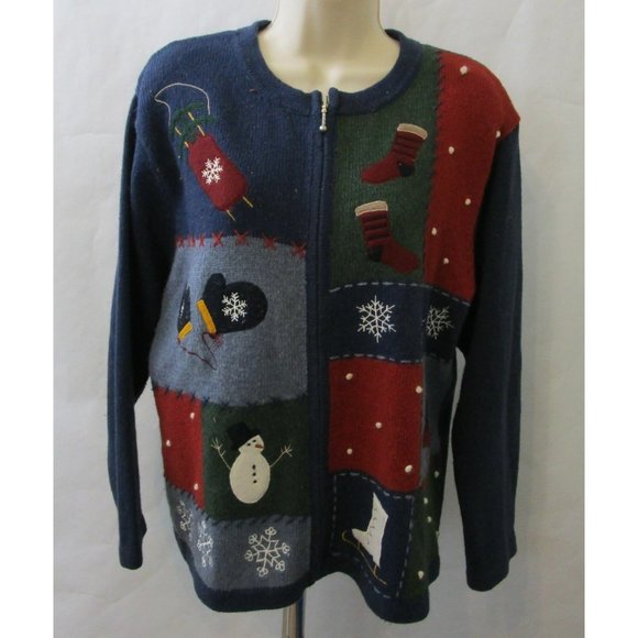 Christmas Full Zip Sweater Sz Large Snowman Snowflakes Croft & Barrow Colorblock - Picture 7 of 10